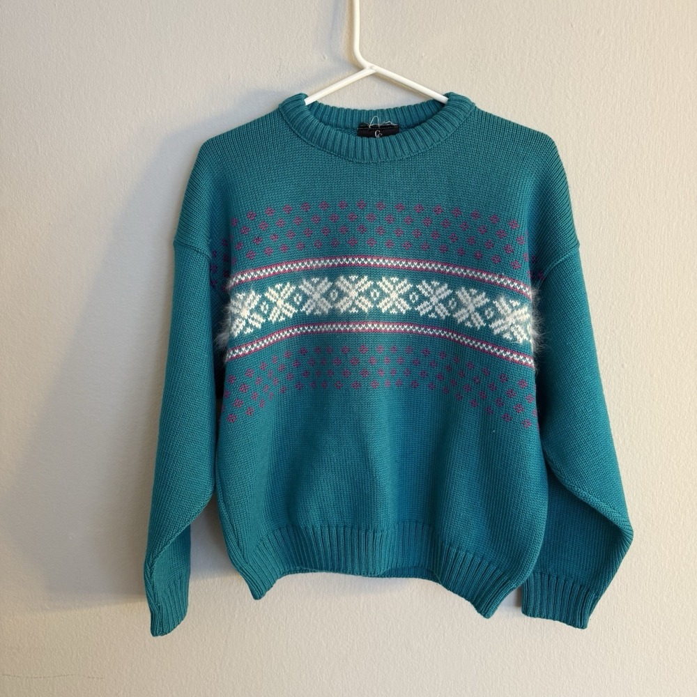Vintage 1990s Cappello Women's Size 46 Abstract Knitted Sweater Teal Armpit Hole